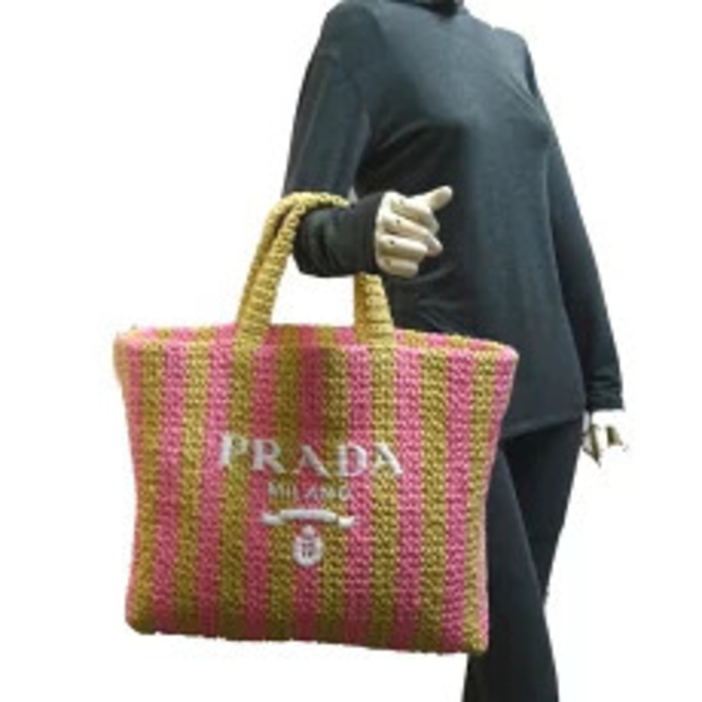 Prada RAFIA Raffia Tote Bag Shoulder Straw Tan Beige Pink - Picture 8 of 10